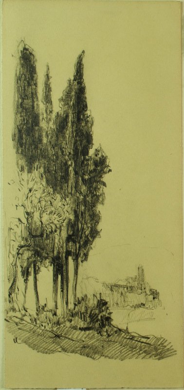 1930-1940 ca. - Cipressi e paese sullo sfondo